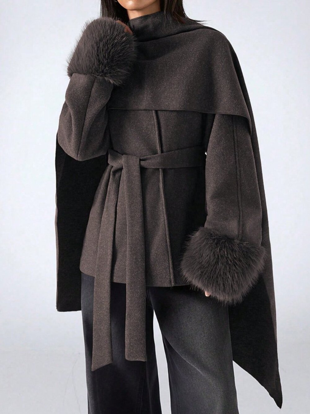 Brown Casual Women's Minimalism Elegant Shawl Collar faux fur cuff belted Coat
